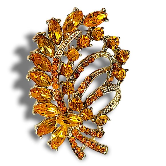 Brooch Retro Feather Design Gold Tone Amber - Picture 2 of 4